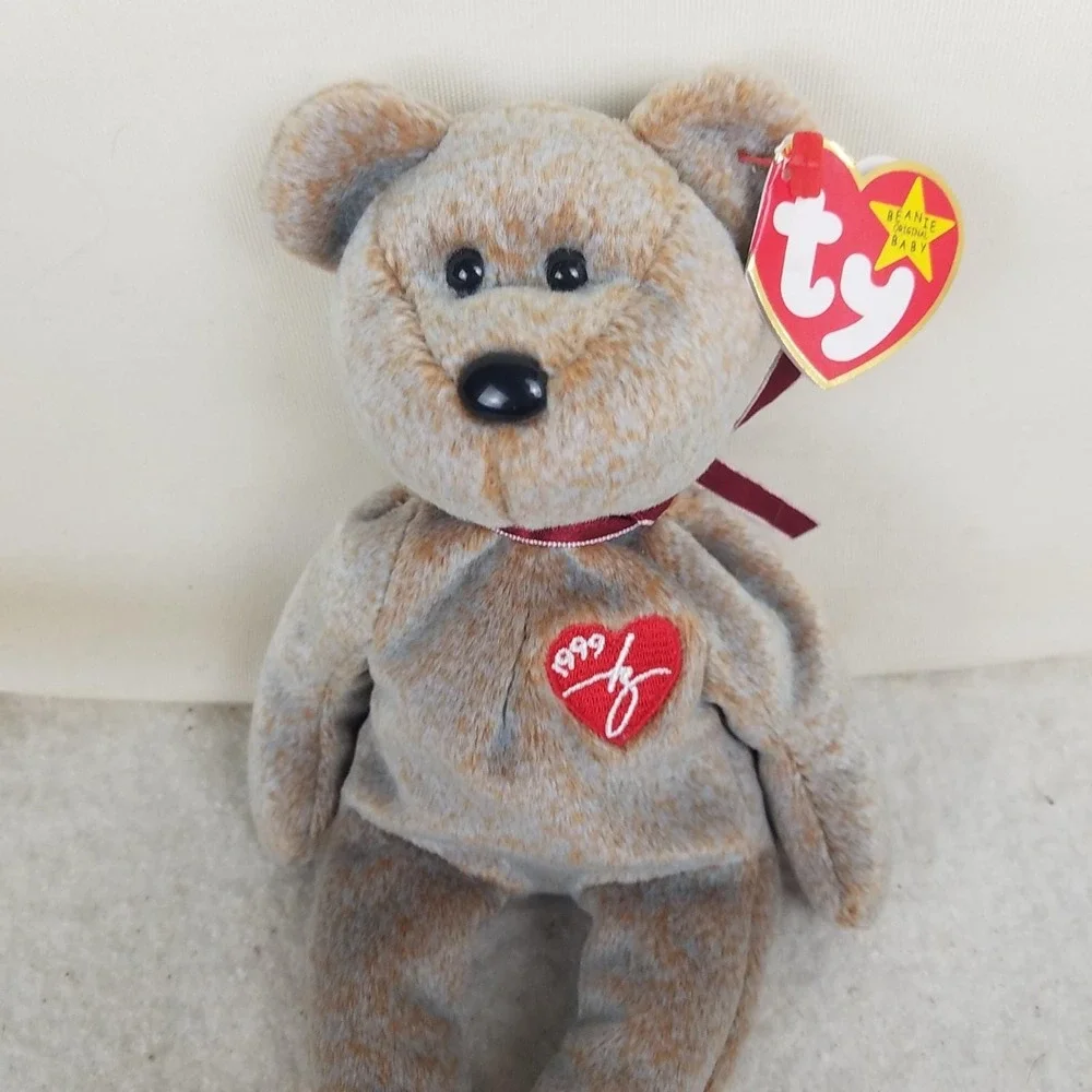 Ty Beanie Baby SIGNATURE BEAR 1999 tan red heart nwt‎